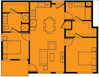 Floor plan for 2 beds, 2 baths, 957 sqft